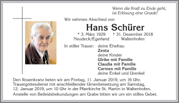 Traueranzeige von Hans Schürer von Allgäuer Zeitung,Kempten