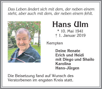 Traueranzeige von Hans Ulm von Allgäuer Zeitung,Kempten