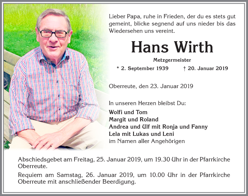  Traueranzeige für Hans Wirth vom 23.01.2019 aus Allgäuer Anzeigeblatt