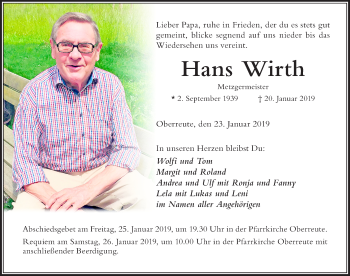 Traueranzeige von Hans Wirth von Der Westallgäuer