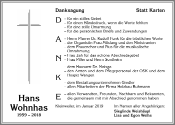 Traueranzeige von Hans Wohnhas von Allgäuer Zeitung,Kempten