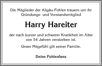 Traueranzeige von Harry Hareiter von Allgäuer Zeitung,Kempten