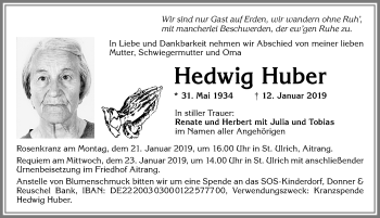 Traueranzeige von Hedwig Huber von Allgäuer Zeitung, Kaufbeuren/Buchloe