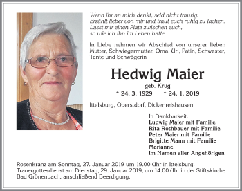 Traueranzeige von Hedwig Maier von Memminger Zeitung