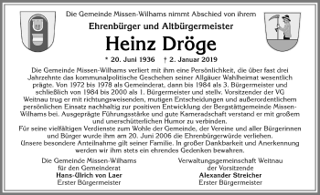 Traueranzeige von Heinz Dröge von Allgäuer Zeitung