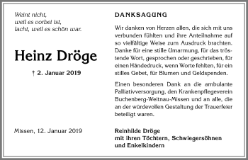 Traueranzeige von Heinz Dröge von Allgäuer Zeitung