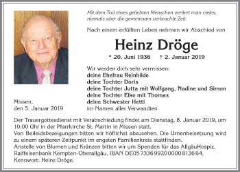 Traueranzeige von Heinz Dröge von Allgäuer Zeitung