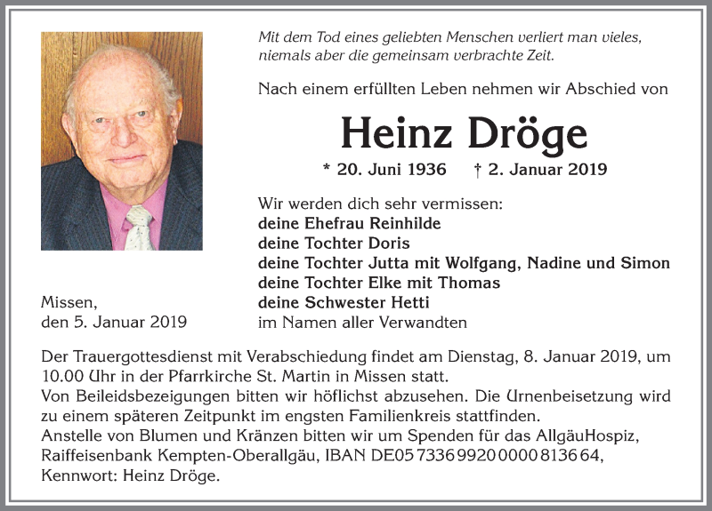  Traueranzeige für Heinz Dröge vom 05.01.2019 aus Allgäuer Zeitung