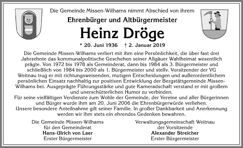  Traueranzeige für Heinz Dröge vom 05.01.2019 aus Allgäuer Zeitung