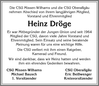 Traueranzeige von Heinz Dröge von Allgäuer Anzeigeblatt