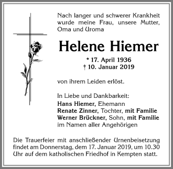 Traueranzeige von Helene Hiemer von Allgäuer Zeitung,Kempten