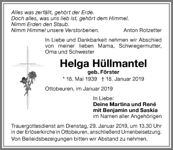 Traueranzeige von Helga Hüllmantel von Memminger Zeitung