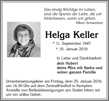 Traueranzeige von Helga Keller von Allgäuer Zeitung,Kempten