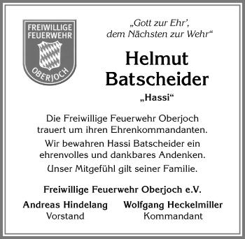 Traueranzeige von Helmut Batscheider von Allgäuer Anzeigeblatt