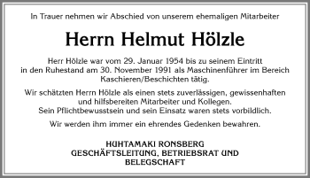Traueranzeige von Helmut Hölzle von Allgäuer Zeitung, Marktoberdorf