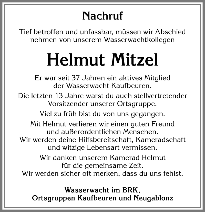  Traueranzeige für Helmut Mitzel vom 09.01.2019 aus Allgäuer Zeitung, Kaufbeuren/Buchloe
