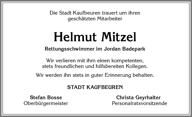  Traueranzeige für Helmut Mitzel vom 08.01.2019 aus Allgäuer Zeitung, Kaufbeuren/Buchloe