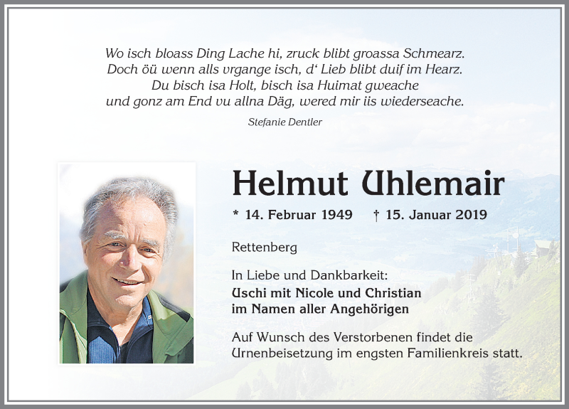  Traueranzeige für Helmut Uhlemair vom 18.01.2019 aus Allgäuer Anzeigeblatt