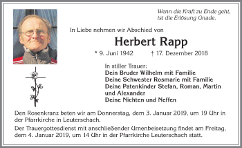 Traueranzeige von Herbert Rapp von Allgäuer Zeitung, Marktoberdorf