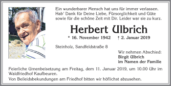 Traueranzeige von Herbert Ulbrich von Allgäuer Zeitung, Kaufbeuren/Buchloe