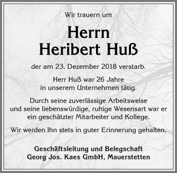 Traueranzeige von Heribert Huß von Allgäuer Zeitung, Kaufbeuren/Buchloe
