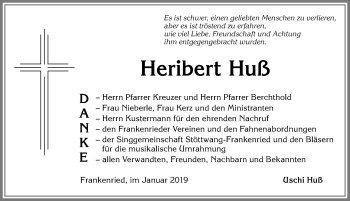 Traueranzeige von Heribert Huß von Allgäuer Zeitung, Kaufbeuren/Buchloe