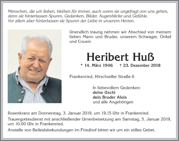 Traueranzeige von Heribert Huß von Allgäuer Zeitung, Kaufbeuren/Buchloe