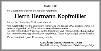 Traueranzeige von Hermann Kopfmüller von Allgäuer Zeitung,Kempten