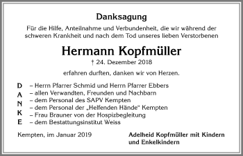 Traueranzeige von Hermann Kopfmüller von Allgäuer Zeitung,Kempten