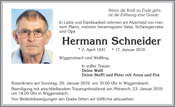 Traueranzeige von Hermann Schneider von Allgäuer Zeitung,Kempten