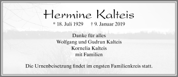 Traueranzeige von Hermine Kalteis von Allgäuer Zeitung, Marktoberdorf