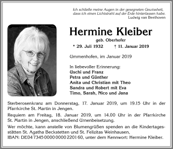 Traueranzeige von Hermine Kleiber von Allgäuer Zeitung, Kaufbeuren/Buchloe