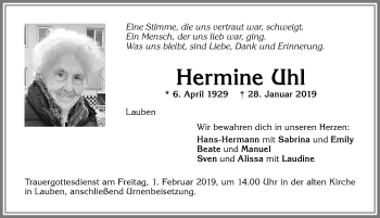 Traueranzeige von Hermine Uhl von Allgäuer Zeitung,Kempten