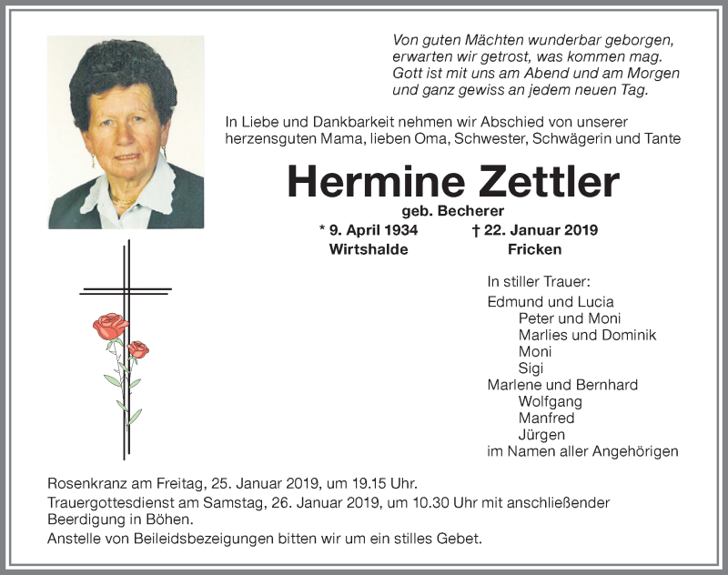  Traueranzeige für Hermine Zettler vom 24.01.2019 aus Memminger Zeitung
