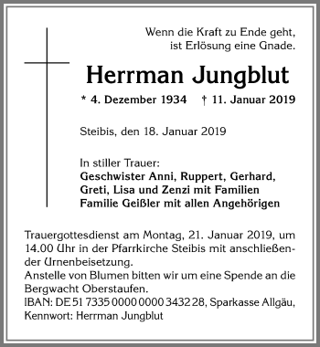 Traueranzeige von Herrman Jungblut von Allgäuer Anzeigeblatt