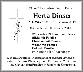 Traueranzeige von Herta Dinser von Allgäuer Anzeigeblatt