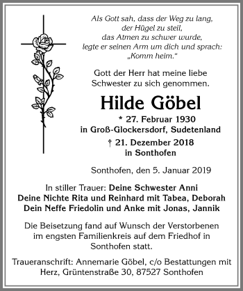 Traueranzeige von Hilde Göbel von Allgäuer Anzeigeblatt
