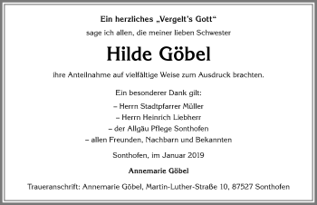 Traueranzeige von Hilde Göbel von Allgäuer Anzeigeblatt