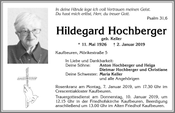 Traueranzeige von Hildegard Hochberger von Allgäuer Zeitung