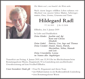 Traueranzeige von Hildegard Radl von Der Westallgäuer