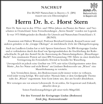 Traueranzeige von Horst Stern von Der Westallgäuer