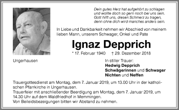 Traueranzeige von Ignaz Depprich von Memminger Zeitung