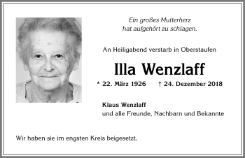 Traueranzeige von Illa Wenzlaff von Allgäuer Zeitung,Kempten