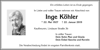 Traueranzeige von Inge Köhler von Allgäuer Zeitung, Kaufbeuren/Buchloe