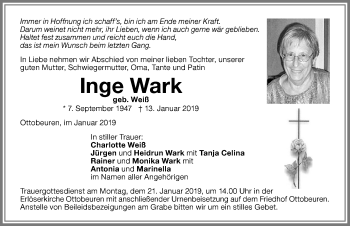 Traueranzeige von Inge Wark von Memminger Zeitung