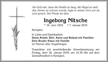 Traueranzeige von Ingeborg Nitsche von Allgäuer Zeitung,Kempten