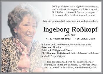 Traueranzeige von Ingeborg Roßkopf von Allgäuer Zeitung, Marktoberdorf