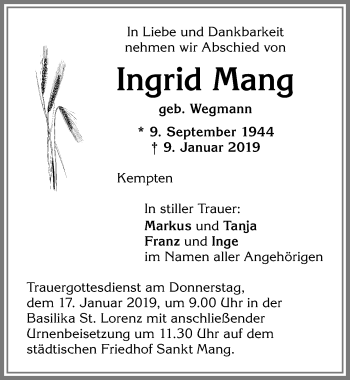 Traueranzeige von Ingrid Mang von Allgäuer Zeitung,Kempten