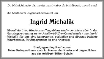 Traueranzeige von Ingrid Michalik von Allgäuer Zeitung, Kaufbeuren/Buchloe