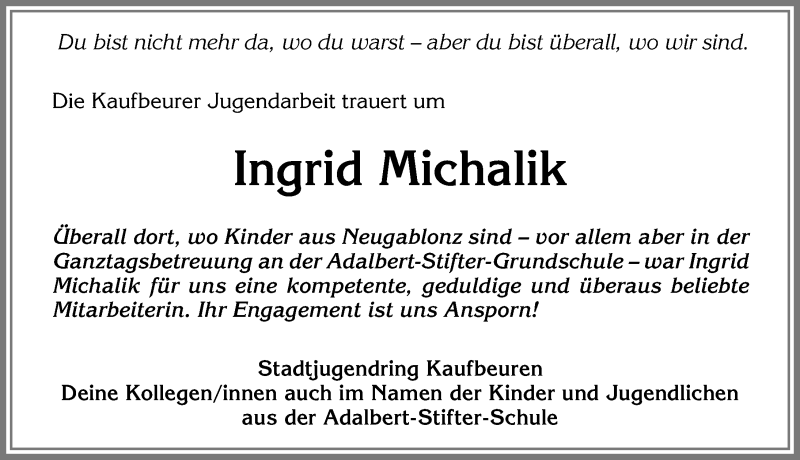  Traueranzeige für Ingrid Michalik vom 02.01.2019 aus Allgäuer Zeitung, Kaufbeuren/Buchloe